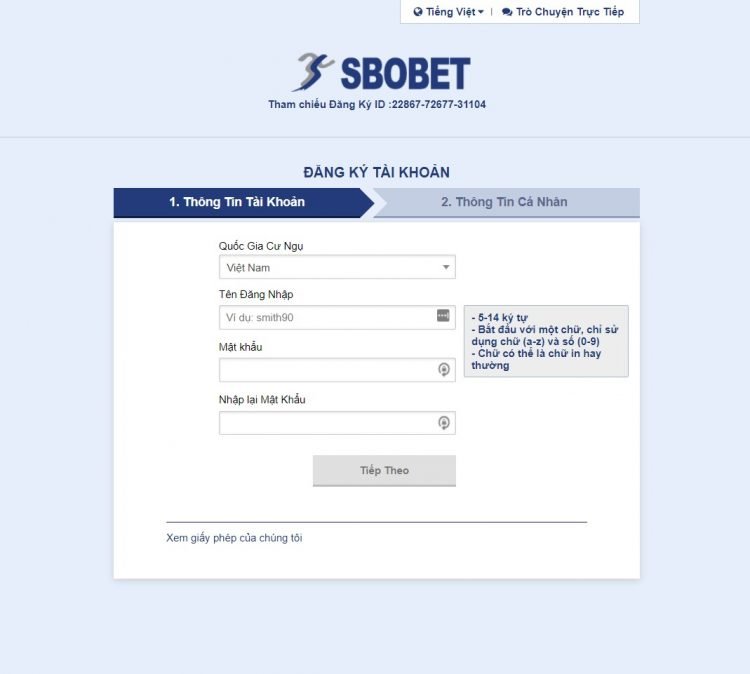 Mẫu thông tin mờ tài khoản SBOBET